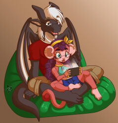  2018 5_toes anthro bean_bag big_ears black_body black_scales blue_eyes bottomwear brown_bottomwear brown_clothing brown_shorts caramel-kitteh clothing curled_hair digital_media_(artwork) draccy dragon duo ear_piercing eyewear feet female gaming glasses hair haplorhine horn hotpants humanoid lips mac_(caramel-kitteh) male male/female mammal markings membrane_(anatomy) membranous_wings monkey mythological_creature mythological_scalie mythology nintendo nintendo_switch on_lap open_mouth piercing playing_video_game primate purple_hair red_clothing red_shirt red_topwear scales scalie shirt shorts simple_background sitting_on_bean_bag sitting_on_lap size_difference tail toes topwear translucent translucent_hair watermark wearing_glasses white_body white_hair white_scales wings 