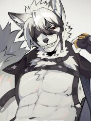  2024 abs angiewolf anthro big_muscles biped black_eyes canid canine canis fur harness hi_res looking_at_viewer male mammal mihoyo muscular muscular_anthro muscular_male pecs red_eyes smile smiling_at_viewer solo von_lycaon white_body white_fur wolf zenless_zone_zero 