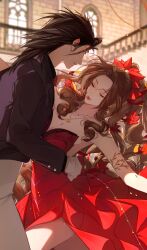  1boy absurdres aerith_gainsborough aerith_gainsborough_(red_dress) black_hair blurry blurry_background bow bowtie breasts brown_hair cleavage closed_eyes couple crisis_core_final_fantasy_vii dancing dress english_commentary female final_fantasy final_fantasy_vii final_fantasy_vii_remake flower gloves hair_flower hair_ornament hair_slicked_back hands_on_another&#039;s_waist height_difference high_ponytail highres indoors jewelry long_hair looking_at_another mianmian741 necklace official_alternate_costume pants parted_bangs parted_lips profile purple_shirt red_dress red_lips shirt sidelocks spiked_hair strapless strapless_dress white_gloves white_pants zack_fair 