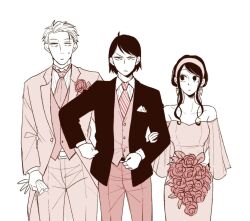  2boys ahoge blazer bouquet buttons closed_mouth collarbone commentary_request diagonal-striped_clothes diagonal-striped_necktie dress earrings female hairband highres holding holding_bouquet jacket jewelry long_sleeves looking_at_another multiple_boys necktie off-shoulder_dress off_shoulder open_clothes open_jacket pants short_hair sidelocks simple_background spy_x_family standing striped_clothes suit sweatdrop tailcoat tori_(runrunpiia) twilight_(spy_x_family) undershirt v-shaped_eyebrows very_short_hair vest white_background yor_briar yuri_briar 