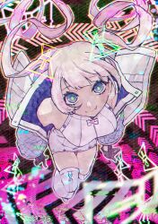  abstract_background blue_eyes blunt_bangs breasts bright_pupils commentary cyber_fashion dress female highres jacket long_hair looking_at_viewer open_clothes open_jacket original perspective pina_ko sidelocks smile symbol-only_commentary thighhighs twintails very_long_hair white_dress white_hair white_jacket white_thighhighs 