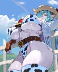  alternate_color animal_print bell belt blue_hair blue_sky breasts brown_belt brown_gloves cloud colored_skin cow_print cow_print_thighhighs cowbell cowboy_hat english_commentary female fingerless_gloves fringe_trim gardevoir gloves hand_on_own_hat hat highres hintobento large_breasts official_alternate_color one_eye_covered parted_lips pokemon pokemon_(creature) print_thighhighs rainbow red_eyes shiny_pokemon sky sparkle thighhighs white_skin 