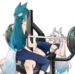  2girls animal_ear_fluff animal_ear_piercing animal_ears barbell bare_shoulders bench_press bike_shorts breasts exercising eyeliner feixiao_(honkai:_star_rail) forehead_jewel fox_ears fox_girl fox_tail glaciel green_eyes green_hair hair_ornament high_ponytail highres honkai:_star_rail honkai_(series) jewelry long_hair makeup midriff multiple_girls muscular muscular_female pants parted_bangs ponytail red_eyeliner sexual_exercising sitting sitting_on_lap sitting_on_person sports_bra straddling tail toned_female triceps very_long_hair weight_bench weightlifting weights white_background white_hair yoga_pants yukong_(honkai:_star_rail) yuri 