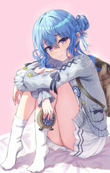  alarm_clock alternate_eye_color aran_sweater bed_sheet blue_hair blush cable_knit cardigan clock commentary_request crying crying_with_eyes_open double-parted_bangs dress english_commentary female from_behind grey_cardigan hair_between_eyes hair_bun hair_ribbon highres holding_alarm_clock hololive hoshimachi_suisei hoshimachi_suisei_(school_uniform) hugging_own_legs knees_up long_hair looking_at_viewer mixed-language_commentary no_shoes official_alternate_costume official_alternate_hairstyle pink_background pleated_dress purple_eyes qussie ribbon sailor_collar sailor_dress school_uniform side_up_bun sidelocks simple_background single_side_bun sitting socks solo star_(symbol) star_in_eye sweater symbol_in_eye tears virtual_youtuber white_dress white_sailor_collar white_socks 