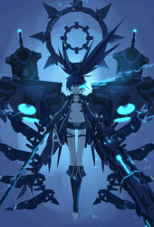  32zzz black_bra black_footwear black_hair black_hoodie black_rock_shooter black_rock_shooter_(character) black_shorts blue_eyes boots bra cannon female flaming_eye flat_chest floating_hair full_body halo highres hood hoodie long_hair machinery night night_sky open_clothes open_hoodie short_shorts shorts sky solo sword twintails underwear uneven_twintails weapon 