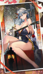  504_gateway asymmetrical_horns azur_lane bare_shoulders blush breasts cleavage commentary_request dragon_girl dragon_horns earrings female grey_eyes grey_hair grey_horns hair_between_eyes hair_on_horn hakuryuu_(azur_lane) hakuryuu_(flash_of_silk_and_strings)_(azur_lane) highres holding holding_instrument horns huge_breasts instrument japanese_clothes jewelry legs long_hair looking_at_viewer multiple_horns music official_alternate_costume playing_instrument shamisen signature sitting smile solo tassel tassel_earrings thighs 