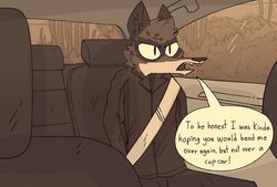  anthro arrested car car_interior clothing cuff_(restraint) dialogue english_text frenetic_wolf handcuffed handcuffs hi_res inside_car male mammal metal_cuffs motor_vehicle open_mouth procyonid raccoon restraints seatbelt sitting solo speech_bubble text topwear vehicle 