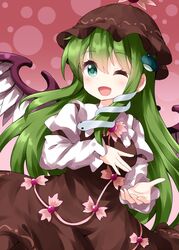  ;d bird_wings brown_dress brown_headwear collared_shirt commentary_request cosplay dotted_background dress feathered_wings feathers female frog_hair_ornament gradient_background green_eyes green_hair hair_ornament highres juliet_sleeves kochiya_sanae long_hair long_sleeves looking_at_viewer mystia_lorelei mystia_lorelei_(cosplay) one_eye_closed open_mouth pink_background puffy_sleeves ruu_(tksymkw) shirt smile snake_hair_ornament solo touhou white_feathers white_shirt white_wings winged_hat wings 