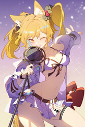  ;d animal_ear_fluff animal_ears arknights bare_shoulders bikini blush breasts cleavage collarbone cowboy_shot female glint gradient_background hair_ornament highres holding holding_microphone_stand indai_(3330425) jacket leaf_hair_ornament leg_up long_hair looking_at_viewer medium_breasts microphone_stand music navel off_shoulder official_alternate_costume one_eye_closed open_clothes open_jacket open_mouth purple_background purple_bikini purple_jacket red_eyes red_hair singing skindentation smile solo sora_(arknights) sora_(summer_flowers)_(arknights) standing standing_on_one_leg stomach swimsuit tail thigh_strap twintails v-shaped_eyebrows wolf_ears wolf_girl wolf_tail 