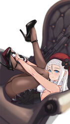  aged_up beret black_footwear black_gloves black_pantyhose blue_eyes blurry blurry_background braid breasts female fingerless_gloves girls&#039;_frontline gloves gun h&amp;k_mp5 hat high_heels highres jamgom long_hair medium_breasts mp5_(girls&#039;_frontline) pantyhose red_hat simple_background sleeveless solo submachine_gun weapon white_background white_hair 