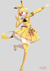  arms_up blonde_hair blush bow brown_eyes commentary_request electricity female full_body gloves heart highres looking_at_viewer merlusa one_eye_closed open_mouth personification pikachu pikachu_ears pikachu_tail pokedex_number pokemon pokemon_ears pokemon_tail short_hair skirt smile solo tail thighhighs yellow_bow yellow_footwear yellow_gloves yellow_skirt yellow_thighhighs 