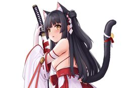  allenes animal_ear_fluff animal_ears azur_lane bell black_hair blunt_bangs breasts cat_ears cat_tail detached_sleeves female highres holding holding_sword holding_weapon japanese_clothes katana long_hair sideboob sword tail tail_bell tail_ornament tail_through_clothes two_side_up upper_body weapon white_background yuugure_(azur_lane) 