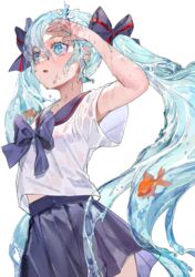  aqua_eyes aqua_hair blue_ribbon blue_sailor_collar blue_skirt bottle_miku commentary_request cowboy_shot female fish goldfish hair_between_eyes hair_ribbon hand_up hatsune_miku highres liquid_hair midriff_peek open_mouth pleated_skirt ribbon sailor_collar saz8720 school_uniform serafuku shirt short_sleeves simple_background skirt solo twintails vocaloid wet wet_clothes wet_shirt white_background white_shirt 