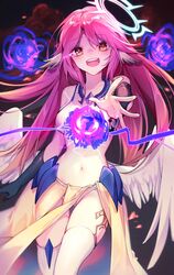  angel angel_wings animal_ears bird_ears breasts commentary crop_top cross feathered_wings female gloves gradient_hair halo highres jibril_(no_game_no_life) large_breasts long_hair looking_at_viewer low_wings magic magic_circle midriff multicolored_hair navel no_game_no_life open_mouth pink_hair round_teeth solo spiked_halo symbol-shaped_pupils tattoo teeth thighhighs very_long_hair white_wings wing_ears wings yellow_eyes yunweishukuang 