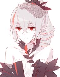  6_(yuchae) bare_shoulders black_dress black_gloves bronya_zaychik bronya_zaychik_(black_nucleus) closed_mouth dress drill_hair elbow_gloves female gloves grey_hair hair_between_eyes hair_ornament honkai_(series) honkai_impact_3rd multicolored_hair red_eyes simple_background sleeveless sleeveless_dress solo streaked_hair white_background 