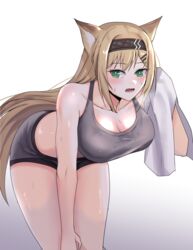  animal_ears arknights bad_id bad_pixiv_id bare_arms bare_shoulders bent_over black_hairband blonde_hair breasts commentary cowboy_shot crop_top female gradient_background green_eyes grey_background grey_sports_bra hairband highres horn_(arknights) large_breasts long_hair looking_at_viewer midriff open_mouth singwee solo sports_bra sweat thighs very_long_hair white_background wolf_ears 