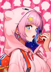  blue_eyes blush commentary_request cosplay drawstring earrings female hair_ornament highres holding hood hood_up hoodie humanization jewelry kabu_(niniko2ko) kirby kirby_(cosplay) kirby_(series) long_sleeves looking_at_viewer maxim_tomato meta_knight open_mouth original personification pink_background pink_hair pink_hoodie red_bag star-shaped_pupils star_(symbol) star_hair_ornament symbol-shaped_pupils upper_body waddle_dee 