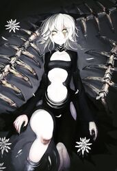  :&lt; afloat black_coat black_nails burn_scar coat collar commentary_request female flower hair_between_eyes highres long_sleeves looking_at_viewer lying midriff nail_polish on_one_knee original petals ribs scar scar_across_eye scar_on_face short_hair solo spine tmt white_hair yellow_eyes 