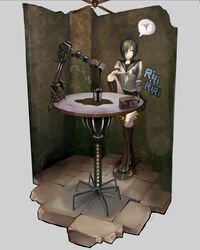  bad_id bad_pixiv_id cafe ceiling_fan coffee commentary_request eyepatch female graffiti grey_background hair_over_one_eye isometric kneehighs loafers mechanical_arms original outstretched_arm overflowing pavement pouring puddle school_uniform serafuku shoes short_hair simple_background single_mechanical_arm skirt socks solo spoken_squiggle squiggle stool table tmt wall 