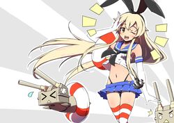  &gt;_&lt; ;d anchor black_panties blonde_hair closed_eyes commentary_request elbow_gloves female gloves hair_ornament kantai_collection lifebuoy long_hair looking_at_viewer mushiboy navel one_eye_closed open_mouth panties rensouhou-chan shimakaze_(kancolle) skirt smile solo striped_clothes striped_thighhighs swim_ring thighhighs underwear 