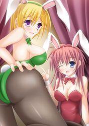  2girls ;p animal_ears ass bad_id bad_pixiv_id black_legwear blonde_hair blue_eyes bow bowtie breasts brown_hair cleavage commentary_request detached_collar fake_animal_ears green_leotard large_breasts leotard long_hair multiple_girls one_eye_closed open_mouth original pantyhose photoshop_(medium) playboy_bunny purple_eyes rabbit_ears rabbit_tail red_hair red_leotard sakuragaoka_miki shinoyama_haruka short_hair shunrei_(blue_sanctuary) tail tongue tongue_out wrist_cuffs 