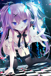  :q all_fours arm_support black_ribbon black_thighhighs blue_eyes blue_fire breasts checkered_floor cleavage commentary_request confetti demon_girl detached_sleeves downblouse dutch_angle eyebrows female fingernails fire frilled_thighhighs frills garter_straps hair_between_eyes hair_ornament hair_ribbon heart heart-shaped_pupils highres indoors lace light_particles lingerie long_fingernails long_hair looking_at_viewer medium_breasts mosaic_pattern motion_blur neck_ribbon no_shoes on_floor original outstretched_arm palms panties pointy_ears reaching reflection ribbon see-through shade single_sleeve smile solo stained_glass string symbol-shaped_pupils thighhighs tongue tongue_out twintails underwear x_hair_ornament yoruneko 