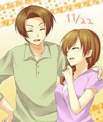  1boy ^_^ aoinu_(shuumatsugeki) bad_id bad_pixiv_id brown_hair closed_eyes daimon_sayuri daimon_suguru dated digimon digimon_savers female hand_on_shoulder height_difference highres husband_and_wife long_hair ponytail short_hair smile 