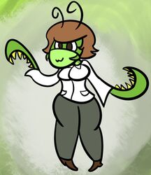  2017 :3 antennae_(anatomy) anthro arthropod big_breasts biped blade_arm bottomwear breasts brown_eyes brown_hair clothed clothing curled_antennae digital_drawing_(artwork) digital_media_(artwork) dr._katy dress_shirt female footwear front_view full-length_portrait fully_clothed green_background green_body green_theme hair insects katydid knock-kneed mandibles milk-knight non-mammal_breasts orthopterid pants portrait shirt shoes short_hair simple_background smile solo spines standing toony topwear 