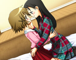  2girls arisawa_(hidamari_sketch) black_hair blush brown_hair commentary_request dutch_angle eye_contact hand_on_another&#039;s_face hidamari_sketch kahis_(sweetbriar) kneeling long_hair looking_at_another multiple_girls photoshop_(medium) plaid short_hair skirt unmoving_pattern yuno_(hidamari_sketch) yuri 