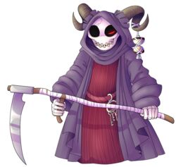  absurd_res alpha_channel ambiguous_gender animated_skeleton bone clothed clothing halgalaz hi_res horn hourglass_(object) humanoid melee_weapon not_furry polearm red_eyes robe scythe simple_background skeleton solo spiral_horn tanghor undead weapon 