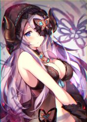  bad_id bad_twitter_id bare_shoulders blue_eyes breasts cleavage commentary_request draph female gloves granblue_fantasy hair_ornament hair_over_one_eye hair_ribbon homaderi hood horns large_breasts light_purple_hair lingerie long_hair looking_at_viewer narmaya_(granblue_fantasy) narmaya_(the_black_butterfly)_(granblue_fantasy) navel official_alternate_costume ribbon see-through solo underwear 