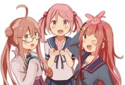  3girls :d ahoge blush bow bowtie brown_eyes commentary_request crescent crescent_hair_ornament double_bun glasses green-framed_eyewear hair_bobbles hair_bun hair_ornament hand_to_head kantai_collection long_hair long_sleeves looking_at_viewer makigumo_(kancolle) multiple_girls one_eye_closed open_mouth pink_eyes pink_hair rabbit rabbit_hair_ornament rabbit_on_shoulder red_eyes riz_(ravel_dc) sazanami_(kancolle) school_uniform serafuku shirt short_hair short_sleeves sleeves_past_fingers sleeves_past_wrists smile twintails uzuki_(kancolle) white_shirt 