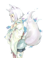  animal_ear_fluff animal_ears blue_eyes blue_fire commentary_request female fire fox_ears fox_tail highres japanese_clothes kon_(tokyo_ravens) matsukura_nemu oerba_yun_fang open_mouth photoshop_(medium) short_hair silver_hair solo tail thighhighs tokyo_ravens zettai_ryouiki 