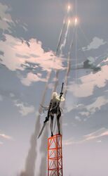  a2_(nier:automata) amei_zhao back cloud commentary_request elbow_gloves female gloves holding holding_sword holding_weapon lens_flare long_hair miniskirt nier:automata nier_(series) skirt sky smoke_trail solo standing sword thighhighs weapon white_hair 