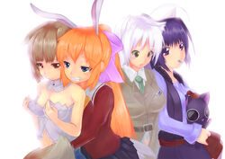  4girls ahoge alternate_hairstyle animal animal_ears bakeneko blue_eyes blue_hair breast_conscious breasts brown_eyes brown_hair cat_ears cat_girl charlotte_e._yeager charlotte_e._yeager_(cosplay) commentary_request cosplay costume_switch crossover dog_days feline fish fish_in_mouth food_in_mouth frown holo holo_(cosplay) koshimizu_ami large_breasts leonmitchelli_galette_des_rois leonmitchelli_galette_des_rois_(cosplay) long_hair multiple_crossover multiple_girls murasaki_imo navel noihara_himari noihara_himari_(cosplay) nyanpire nyanpire_(character) omamori_himari orange_hair photoshop_(medium) ponytail purple_eyes rabbit_ears rabbit_girl red_eyes small_breasts smile spice_and_wolf strike_witches tail voice_actor_connection white_hair wolf_ears wolf_girl wolf_tail world_witches_series 