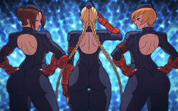  3girls ass blonde_hair braid brown_eyes brown_hair cammy_white camouflage capcom fingerless_gloves gloves hair_bun hands_on_hips highres huge_ass josef_axner juli juni leotard long_hair looking_back military military_uniform multiple_girls muscle orange_eyes orange_hair pixiv_manga_sample pose resized salute shadaloo_dolls short_hair shoulder_pads skin_tight smile street_fighter street_fighter_ii street_fighter_zero street_fighter_zero_3 thong_leotard twin_braids uniform unitard 