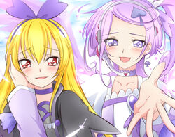  2girls blonde_hair bow brooch choker commentary_request cure_sword dokidoki!_precure earrings hair_ornament hairbow hand_on_another&#039;s_cheek hand_on_another&#039;s_face headset heart heart_brooch high_ponytail jappo jewelry kenzaki_makoto long_hair magical_girl multiple_girls ponytail precure purple_arm_warmers purple_choker purple_eyes purple_hair red_eyes regina_(dokidoki!_precure) short_hair smile spade_(shape) spade_hair_ornament 