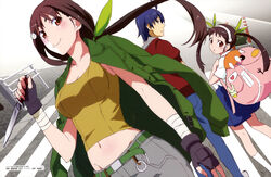  1boy 2girls absurdres aged_up araragi_koyomi bandages blue_hair brown_hair detexted dual_persona green_ribbons hachikuji_mayoi hair_ribbon highres jacket jacket_on_shoulders kabukimonogatari knife monogatari_(series) multiple_girls official_art ribbon scan third-party_edit time_paradox twintails yataneko_(echigo) 