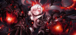  abyssal_ship bad_id bad_pixiv_id breasts cleavage female floating_fortress_(kancolle) gauntlets glowing grin hair_over_one_eye kantai_collection leaning_forward long_hair medium_breasts pectong red_eyes smile solo_focus southern_ocean_war_princess twintails 