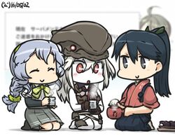  3girls :o abyssal_ship black_hair blush braid closed_eyes commentary cup dated destroyer_water_oni green_hairband grey_hair hair_between_eyes hairband hakama hakama_skirt hamu_koutarou houshou_(kancolle) japanese_clothes kantai_collection multiple_girls pale_skin red_eyes seiza side_handle_teapot single_braid sitting skirt smile tasuki teapot wavy_hair white_hair yamagumo_(kancolle) yunomi 