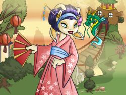  4:3 4_ears aisha_(neopets) anthro asian_clothing belt black_hair blue_eyes building clothed clothing detailed_background digital_media_(artwork) dragon duo east_asian_clothing felid fog folding_fan fur grass hair hegelob house japanese_clothing jumpstart_games kimono lamp lantern lips mammal mountain multi_ear mythological_creature mythological_scalie mythology neopet_(species) neopets official_art outside petpet_(neopets) plant red_lips scalie smile the_neopets_team tree white_body white_fur 