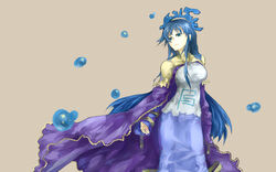  blue_eyes blue_hair breasts bubble cape female flowing_cape head_tilt houshin_engi large_breasts long_hair long_skirt long_sleeves looking_to_the_side purple_cape ryuukitsu_koushu sidelocks solo very_long_hair water 