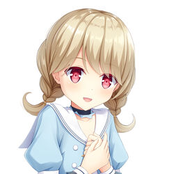  blonde_hair blue_shirt blush braid collar collarbone commentary_request female highres iwamoto_sora kogara_toto looking_at_viewer lupinus_virtual_games open_mouth own_hands_together red_eyes sailor_collar shirt simple_background smile solo swept_bangs twin_braids upper_body virtual_youtuber vspo! white_background 