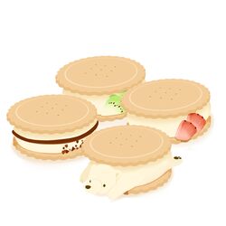  bear chai_(drawingchisanne) commentary_request dessert food food_focus fruit ice_cream ice_cream_sandwich in_food kiwi_(fruit) kiwi_slice no_humans original polar_bear shirokuma-san_(drawingchisanne) signature strawberry undersized_animal white_background 