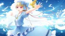  beret bird blonde_hair blue_shirt blue_skirt breasts cloud cloudy_sky commentary_request feathers female hair_between_eyes hair_ribbon hat highres iwamoto_sora kogara_toto long_skirt looking_at_viewer lupinus_virtual_games medium_hair ocean open_mouth outdoors outstretched_arms red_eyes red_ribbon ribbon sailor_collar shirt short_sleeves skirt sky small_breasts virtual_youtuber vspo! white_headwear 