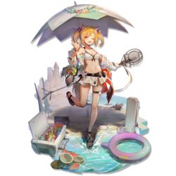  ;d animal_ears arknights bare_legs bare_shoulders beach_umbrella bikini bikini_skirt black_footwear blonde_hair bottle breasts cleavage cooler faux_figurine female full_body hair_ribbon hand_up holding huanxiang_heitu innertube jacket long_sleeves looking_at_viewer medium_breasts microphone_stand miniskirt navel oerba_yun_fang off_shoulder official_alternate_costume official_art one_eye_closed open_clothes open_jacket open_mouth red_eyes red_ribbon ribbon sandals shadow short_hair skindentation skirt smile solo sora_(arknights) sora_(summer_flowers)_(arknights) standing standing_on_one_leg stomach swim_ring swimsuit thigh_strap thighs transparent_background twintails umbrella white_bikini white_jacket white_skirt wolf_ears 