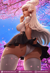  artist_name ass birthmark black_skirt blue_sky breasts brown_eyes cherry_blossoms day eye_symbol facial_mark female forehead_mark forehead_tattoo gumroad_logo gumroad_username highres large_breasts looking_at_viewer looking_back luminyu mole mole_on_ass outdoors patreon_logo patreon_username paya_(zelda) petals pointy_ears school_uniform serafuku sheikah shirt short_sleeves signature skirt sky solo the_legend_of_zelda the_legend_of_zelda:_breath_of_the_wild thighhighs tree twitter_logo twitter_username updo white_hair white_shirt white_thighhighs 