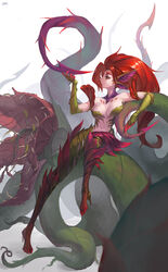  absurdres bare_shoulders eyeshadow female fingernails high_heels highres league_of_legends lim_donghyun long_fingernails long_hair makeup navel plant purple_eyeshadow red_hair red_lips signature sitting solo vines yellow_eyes zyra 