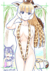  animal_ear_fluff animal_ears animal_print arm_behind_head bad_id bad_pixiv_id bare_arms bare_shoulders blonde_hair blue_eyes breasts brown_hair collarbone commentary_request cowboy_shot dated female giraffe_ears giraffe_girl giraffe_horns giraffe_print giraffe_tail gradient_hair grey_wolf_(kemono_friends) highres horns kemono_friends light_smile long_hair looking_at_viewer medium_breasts multicolored_hair murakami_kou_(raye) navel palm_tree ponytail print_swimsuit reticulated_giraffe_(kemono_friends) slingshot_swimsuit solo_focus spotted_hair swimsuit tail thigh_gap tree white_hair wolf_ears 