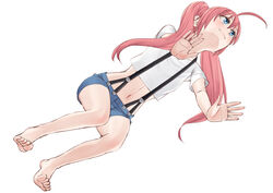  ahoge all_fours barefoot blue_eyes commentary_request easy_(aqk7bdqt) feet female from_below full_body hair_between_eyes huge_ahoge long_hair midriff milim_nava navel pink_hair simple_background smile solo suspenders tensei_shitara_slime_datta_ken twintails white_background 